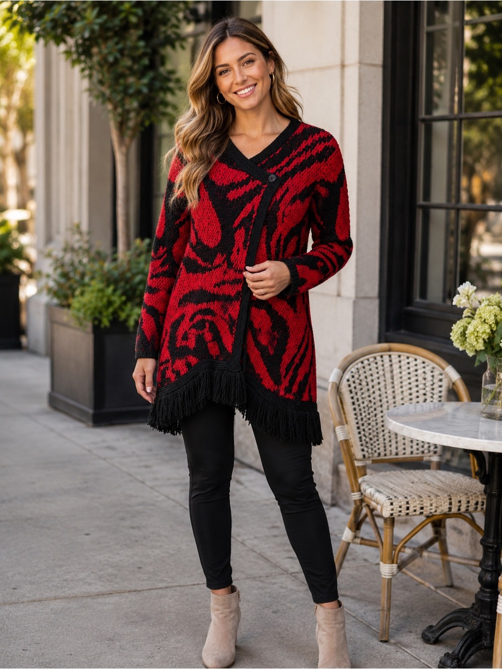 W1 Chico’s Size 2 Red Black Wool Blend Fringe Cardigan